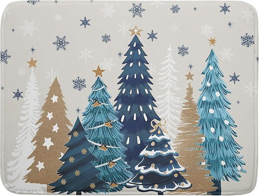Christmas Tree Dish Drying Mat for Kitchen Counter 24x18 Inch Xmas Snowflake Drying Mat with Absorbent Reversible Microfiber House Blue Trees Dish Drainer Mats Rack Pad for Coffee Countertop Protector