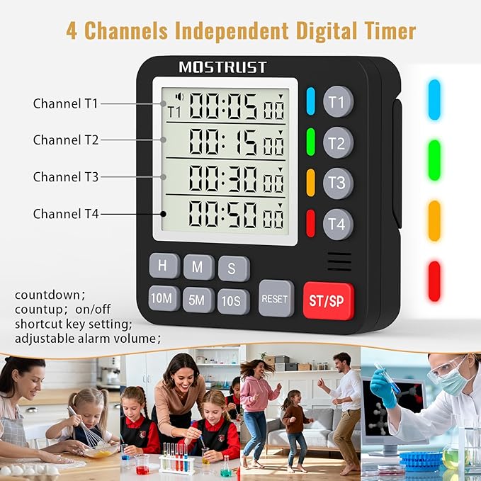 Digital Dual Kitchen Timer, 4 Channels Independent Countdown Timer, Large Display, On/Off, Loud Volume Alarm and Flashing Light with Magnetic Back, Stand, Battery Included (Black) - Image 2