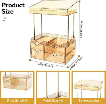 SNSLXH 4 Drawers Makeup Organizer - 4 Tier Makeup Storage, Cosmetics Organiser, Ideal for Cosmetic, 4 Dividers with Drawers for Countertop, Bathroom, Office Supplies, Dresser Transparent Tawny - Image 2