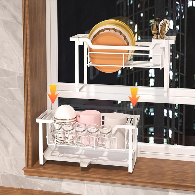 Dish Rack with Drainboard, Organizes Dishes and Bathroom Items for Narrow Spaces, Two-Story Drying Rack Fits 12 Plates 12 Bows 5 Glasses 4 Hooks and Some Cutlery, White - Image 6