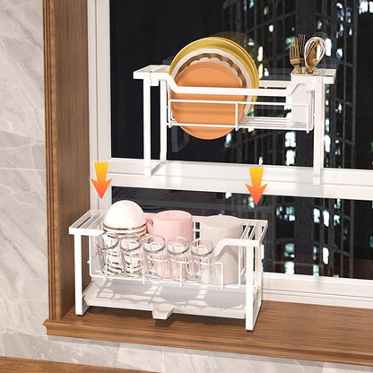 Dish Rack with Drainboard, Organizes Dishes and Bathroom Items for Narrow Spaces, Two-Story Drying Rack Fits 12 Plates 12 Bows 5 Glasses 4 Hooks and Some Cutlery, White - Image 6