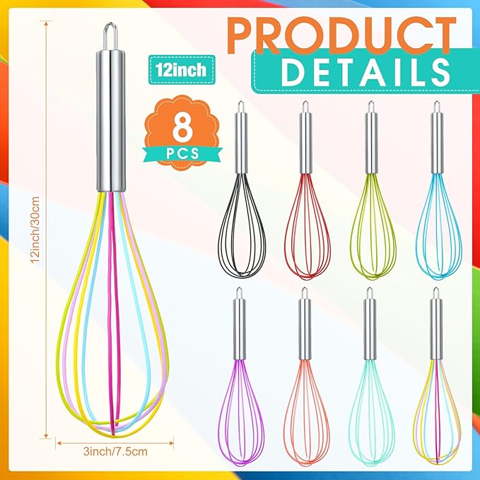 Domensi 8 Pcs 12 Inch Whisks Bulk for Cooking Silicone Whisks Non Scratch Stainless Steel Egg Beater Colorful Coated Metal Heat Resistant Egg Beaters for Valentines Day Party Favor Gift Supplies - Image 2