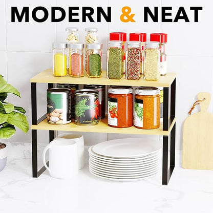SpaceAid Cabinet Shelf Organizers 2 Pack, Kitchen Counter Rack Shelves Riser, Stackable Expandable Spice Rack, Pantry Cupboard Storage Organization (Black and Natural, Long) - Image 5