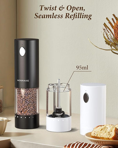 Electric Salt and Pepper Grinder Set - Automatic Refillable Salt and Pepper Grinders with Charging Base & LED Light, 6-Level Adjustable Coarseness with External Dial, Ideal Kitchen Gadget，Black& White - Image 6