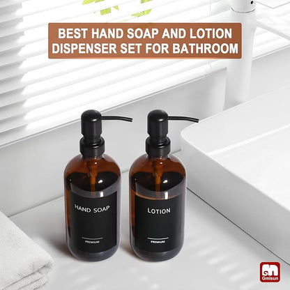 GMISUN Amber Glass Soap Dispenser, 2 Pack Bathroom Hand Soap Dispensers with Stainless Steel Pump, 17 Fl Oz Kitchen Hand and Dish Soap Dispenser Set, Modern Vintage Liquid Brown Soap Dispensers Bottle - Image 5