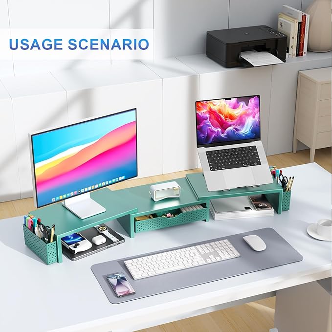 gianotter Dual Monitor Stand Riser, Desk Organizer With Drawer and 2 Pen Holders, Monitor Stand for Desk, Office Decor Essentials (Green) - Image 6