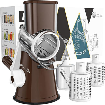 Cambom Rotary Cheese Grater Hand Crank Cheese Shredder for Fresh Cheese, Vegetable, Nuts,Non-slip Suction Base, Free Cleaning Brush Three Blades, Coffe Color by Cambom