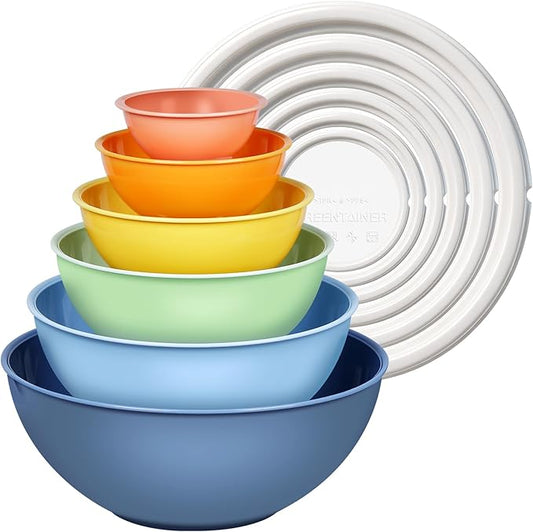 Greentainer Plastic Mixing Bowls with Lids Set for Kitchen, 6 Set Nesting Bowls for Mixing, Baking, Prepping, Cooking and Serving Food, Mixing Bowls Dishwasher, Microwave Safe