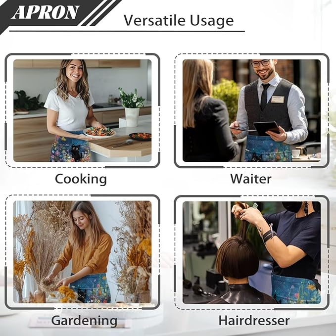Server Apron with 3 Pockets, Waterproof Oil Waitress Waiter Half Apron for Restaurant Hotel Kitchen Cafe
