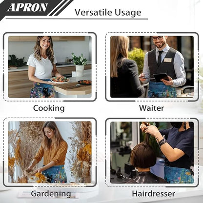 Server Apron with 3 Pockets, Waterproof Oil Waitress Waiter Half Apron for Restaurant Hotel Kitchen Cafe