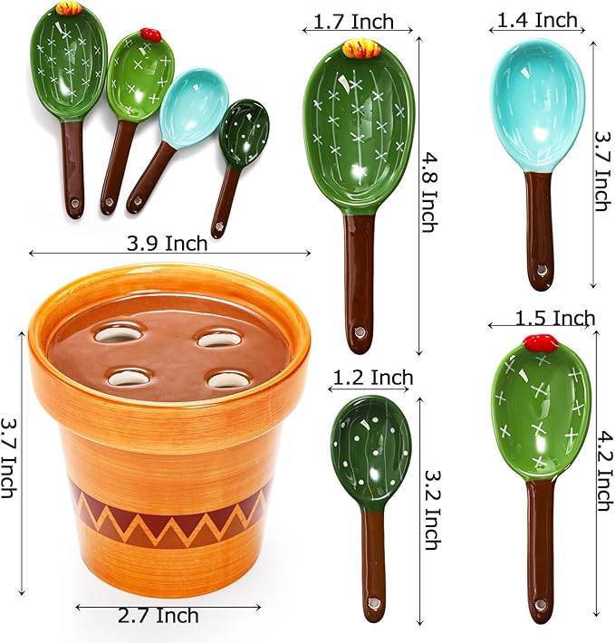 Coloch 5Pcs Ceramic Measuring Spoons in Pot, Cactus Shape Baking Measuring Spoons and Cup Decorative Cactus Figurine Measuring Spoon Set for Baking, Milk, Sugar, Salt - Image 2