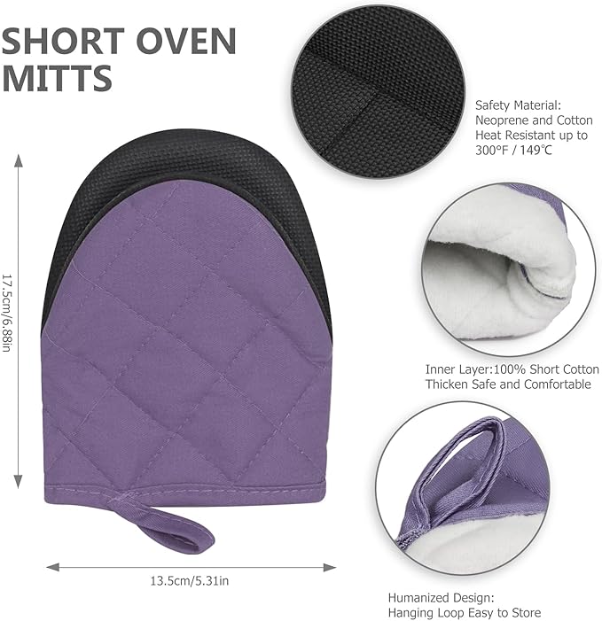 1 Pair Short Oven Mitts - Silicone Kitchen Oven Gloves High Heat Resistant 500℉, Mini Oven Mits with Non-Slip Grip Surfaces and Hanging Loop for BBQ, Baking, Cooking and Grilling (Purple) - Image 3