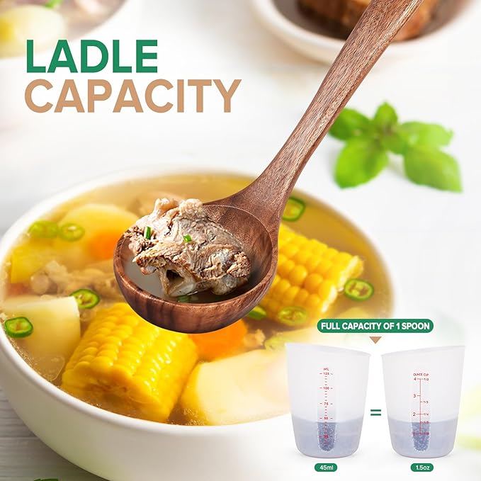 Wooden Soup Spoon for Cooking, Teak Acacia Soup Ladle, Non-Toxic Natural Wood Serving Spoon for Gravy Sauce Porridge, Long Handle Deep Scooper Server Utensil, No-Scratch Cookware Surface,10.6″ - Image 4