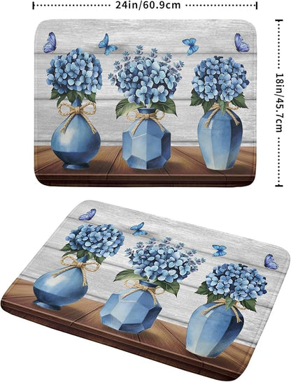 Giwawa Blue Hydrangea Dish Drying Mat for Kitchen Vintage Wood Board Floral Butterfly Dish Drainer Mats 18x24inch Rustic Flowers Dish Drying Rack Pad Protector for Countertop Dining Decor