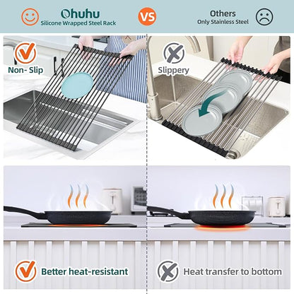 Ohuhu Over The Sink Dish Drying Rack, 20.5" W x 13.1" L Rolling Dish Drainer Foldable Sink Accessories Heat-Resistant Mat Anti-Slip Silicone Coated Dish Racks for Kitchen Counter - Image 6