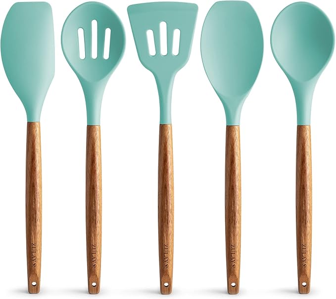 Zulay Kitchen Non-Stick Cooking Utensils Set with Authentic Acacia Wood Handles – 5-Piece Durable & Stylish Silicone Kitchen Utensils Set – Heat Resistant to 464°F – Aqua by ZulayKitchen