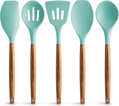 Zulay Kitchen Non-Stick Cooking Utensils Set with Authentic Acacia Wood Handles – 5-Piece Durable & Stylish Silicone Kitchen Utensils Set – Heat Resistant to 464°F – Aqua by ZulayKitchen