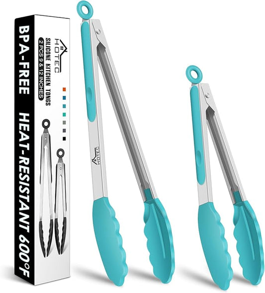 HOTEC Premium Stainless Steel Locking Kitchen Tongs with Silicon Tips, Set of 2-9" and 12", Blue by Hotec