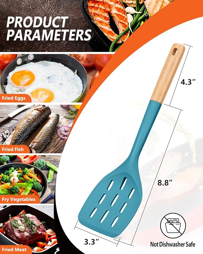 Pack of 2 Silicone Spatula, Non Stick Cooking Utensil Set Wooden Handle Kitchen Turner for Baking Mixing Grilling Serving Food Heat Resistant Non Scratch Hooks Included (Blue) - Image 2