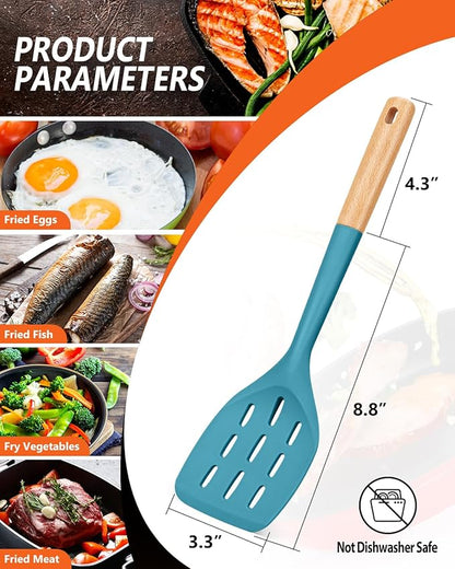 Pack of 2 Silicone Spatula, Non Stick Cooking Utensil Set Wooden Handle Kitchen Turner for Baking Mixing Grilling Serving Food Heat Resistant Non Scratch Hooks Included (Blue) - Image 2