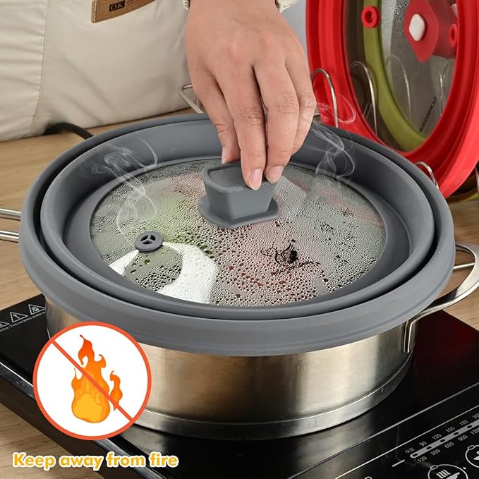 Microwave Splatter Cover Glass Splatter Guard Lid with Collapsible Silicone for Food Pot Plate Cover 11.8 inch Light Grey - Image 5