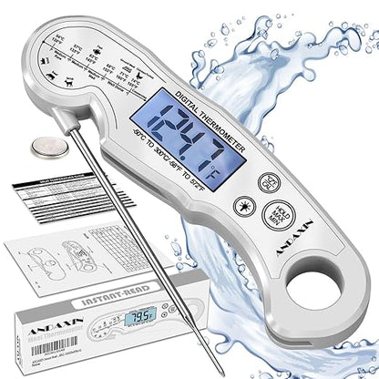 Meat Thermometer Digital - Fast Instant Read Food Thermometer for Cooking, Candy, Outside Grill, and Roast, Digital Food Thermometer with Backlight LCD & Calibration - Grey/Silver by ANDAXIN