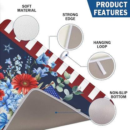 4th of July Dish Drying Mat for Kitchen Counter Patriotic Red Blue and White Floral American Flag Microfiber Dish Drainer Mat Absorbent Washable Drying Pad Extra Large 18"x24"