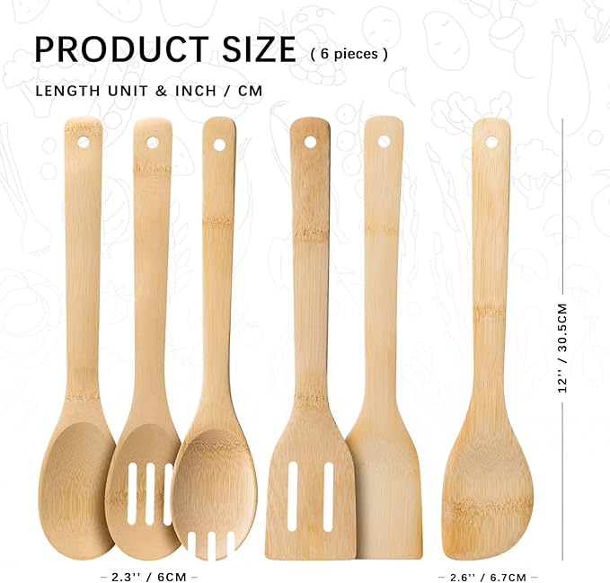 Wooden Spoons for Cooking, 6PCS Wooden Utensil Set Includes Slotted Spoon, Wooden Spoon & Wooden Spatula, Bamboo Cooking Utensils for Non-Stick Pans, Natural Bamboo Utensils - Image 2