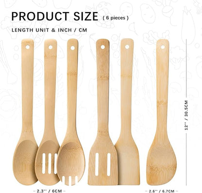 Wooden Spoons for Cooking, 6PCS Wooden Utensil Set Includes Slotted Spoon, Wooden Spoon & Wooden Spatula, Bamboo Cooking Utensils for Non-Stick Pans, Natural Bamboo Utensils - Image 2