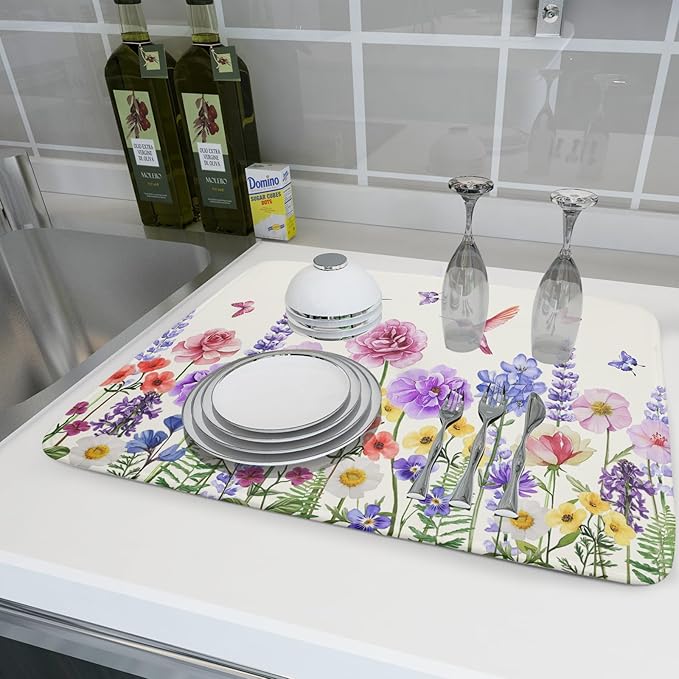 Giwawa Hummingbird Flower Dish Drying Mat 18x24 inch Watercolor Spring Herb Floral Dish Drainer Mats Wildflower Plant Reversible Microfiber Dish Drying Pad for Kitchen Countertop Large Decor