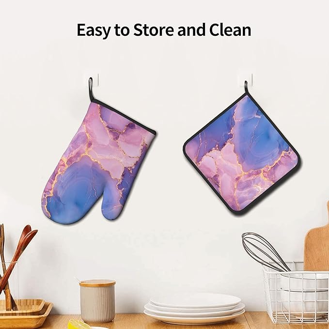 Oven Mitt and Pot Holders Sets - Marble Kitchen Mitts Decorative Purple Pink Oven Gloves Hot Pads Set of 2 for Cooking Baking Grilling - Image 6