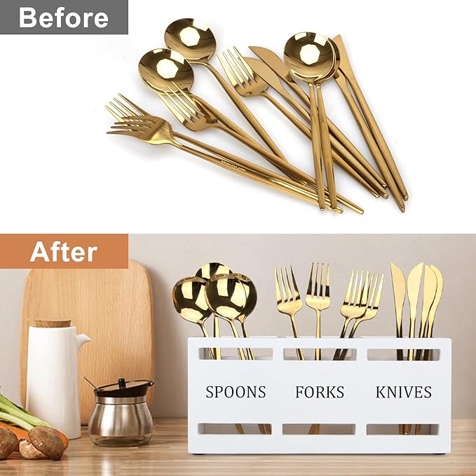 Wooden Silverware Cutlery Holder White Flatware Caddy Small Kitchen Utensil Holders for Party Wood Silverware Organizer Storage for Table Countertop Spoon and Fork Holder Utensils Caddy Basket - Image 6