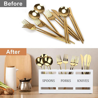 Wooden Silverware Cutlery Holder White Flatware Caddy Small Kitchen Utensil Holders for Party Wood Silverware Organizer Storage for Table Countertop Spoon and Fork Holder Utensils Caddy Basket - Image 6