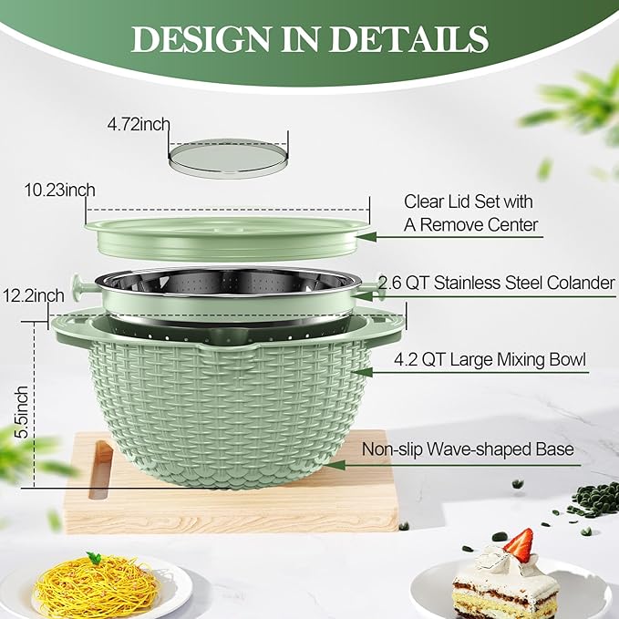 4-1 Colander with Fruit Bowl Set - Colander for Kitchen, Rotatable Strainers and Colanders(Patented), Pasta Strainer with New Upgraded Graters for Fruit, Veggie, Aesthetic Kitchen Essentials - Green - Image 8