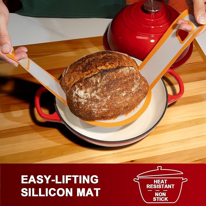 AHJ 6QT Dutch Oven For Bread Baking, Enameled Cast Iron Dutch Oven Pot with Lid, Multi-Functional Bread pan, Sourdough Baking Supplies with Proofing Basket, Cast Iron Bread Oven, Silicone Sling & Gloves. - Image 4