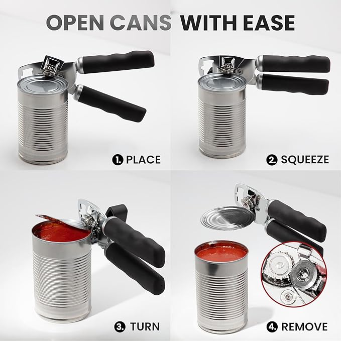 Zulay Kitchen Heavy Duty Stainless Steel Can Opener Manual with Bottle Opener - Rust Proof Manual Can Opener With Turn Knob & Comfy Soft Grip Handles - Black - Image 8