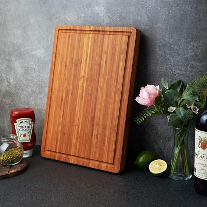 Allsum Large Wood Cutting Board for Kitchen, 1” Thick Bamboo Cheese Charcuterie Board, Butcher Chopping Block, with Juice Grooves and Handles - Image 7