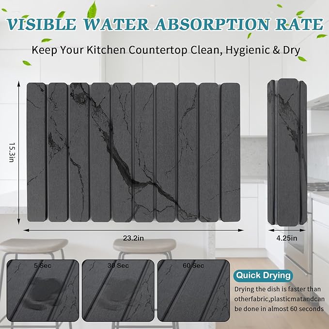 Stone Dish Drying Mat for Kitchen Counter, 24''×15'' Dishes Drying Matt Kitchen Counter, Absorbent Diatomaceous Earth Bath Quick Dry Mats for Tableware, Bottles and Cup(Dark Grey Marble) - Image 2