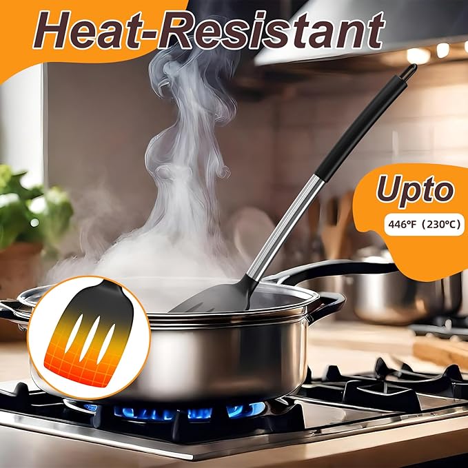 Yoehka Silicone Cooking Utensils Set for Nonstick Cookware, 4Pcs Heat Resistant Kitchen Silicone Spatula and Spoon Set with Stainless Steel Handle, Mixing, Flipping, Turning, Stirring, Black - Image 4