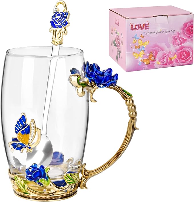 OEAGO Gifts for Mom Women Mothers Day Glass Coffee Enamels Mug Best Birthday Butterfly Rose Gifts for Her from Daughter Son Lead-Free Christmas Blue Tea Cup with Spoon Set - Image 7