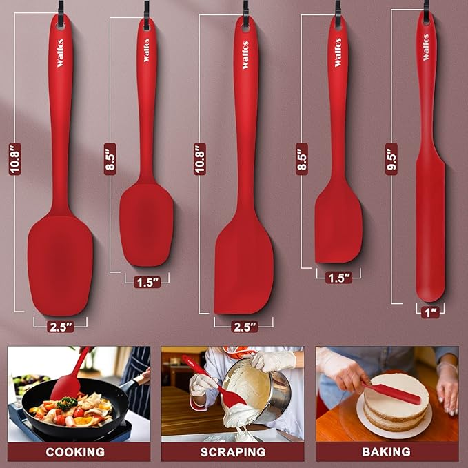 Walfos Silicone Spatula Set of 5-600°F Heat Resistant Kitchen Scraper Spatulas, Strong Steel Core and One-Pieces Seamless Design, Great for Cooking Mixing & Baking - BPA Free & Dishwasher Safe (Red) - Image 5