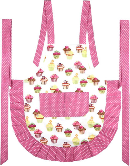 G2PLUS Aprons for Women with Pockets, 29 x 21 Inch Extra Long Ties Cupcake Apron, Pink Vintage Damask Apron for Kitchen Cooking, Baking and Gardening