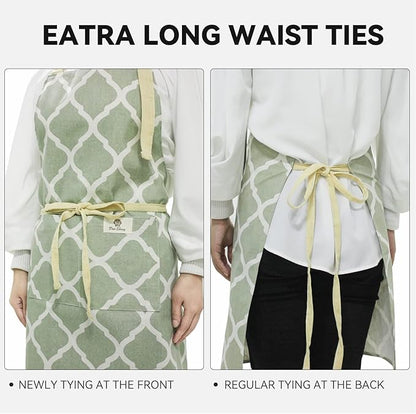2 Pieces Aprons for Women with Pockets, Cotton Linen Waterproof Kitchen Cooking Aprons, Chef Apronfor Men Women with Adjustable Neck Strap and Long Ties(Grey/Green)