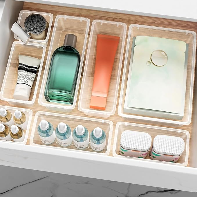 ElegantArray 12 PCS Drawer Organizer Set, 4 Sizes Tool Storage Trays, Clear Plastic Makeup Vanity Organizer and Storage Bins for Makeup, Stationeries, Multiple Gadgets for Bathroom, Office, Bedroom - Image 7