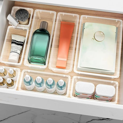 ElegantArray 12 PCS Drawer Organizer Set, 4 Sizes Tool Storage Trays, Clear Plastic Makeup Vanity Organizer and Storage Bins for Makeup, Stationeries, Multiple Gadgets for Bathroom, Office, Bedroom - Image 7