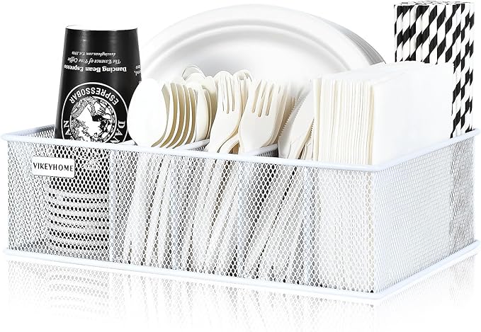 VIKEYHOME Paper Plate Organizer, Metal Silverware Caddy with 6 Compartments for Knives, Spoons, Cups, Forks, Napkins, Utensil Holder for Party, Camping, Picnic, White - Image 2