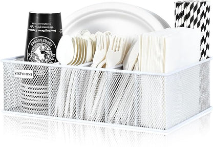 VIKEYHOME Paper Plate Organizer, Metal Silverware Caddy with 6 Compartments for Knives, Spoons, Cups, Forks, Napkins, Utensil Holder for Party, Camping, Picnic, White - Image 2