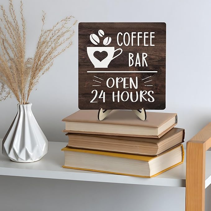Coffee Bar Sign Plaque Decor, Vintage Farmhouse Kitchen Counter Sign for Coffee Station Kitchen Office,Cafe Bar Accessories, Open 24 Hours Mini Bar Decor(Brown4, 5.9x5.9inches) - Image 8