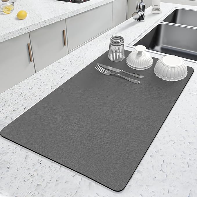 LOPNUR Kitchen Dish Drying Mat, 24"x16" Large Dish Drying Mats for Kitchen Counter, Diatomite Coffee Mat, Super Absorbent Dish Drying Pad, Heat Resistant Mat with Anti-slip Rubber Backed, Grey by LOPNUR