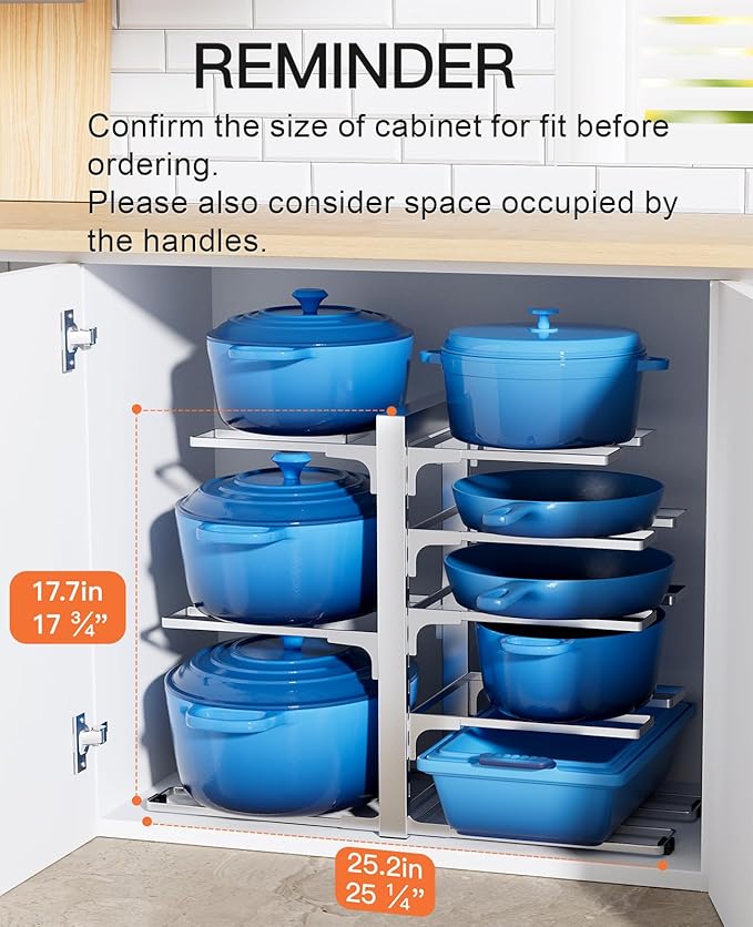 ORDORA Pots and Pans Organizer Rack for Cabinet, 15.83" Height 8-Tier Heavy Duty 120LBS Pot Pan Organizer under Cabinet Adjustable for Cast-iron Pan, Heavy Skillets Griddles, Shallow Pot, Silver - Image 3